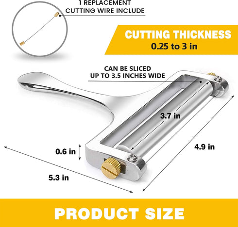 TOPULORS Wire Cheese Slicer Stainless Steel Handheld Cheese Cutter for Mozzarella, Cheddar, Gruyere - with 1 Extra Wire - Adjustable Thickness Che...