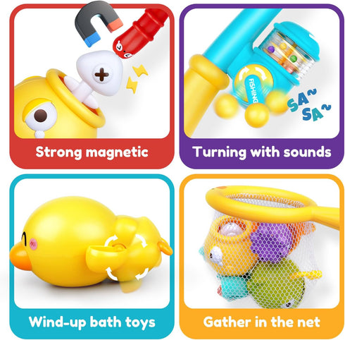 Baby Bath Toys for Kids Ages 1-3, Magnetic Fishing Games with Floating Bathtub Wind-Up Toys & Fishing Net, Fishing Rod Water Pool Toys for Toddler...