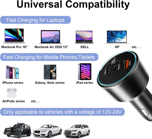 200W USB C Car Charger, Graaci PD 100W Type C Car Charger Adapter, QC5 PPS 45W Super Fast Charging for MacBook Pro Air, iPhone 15 Pro Max, Galaxy ...