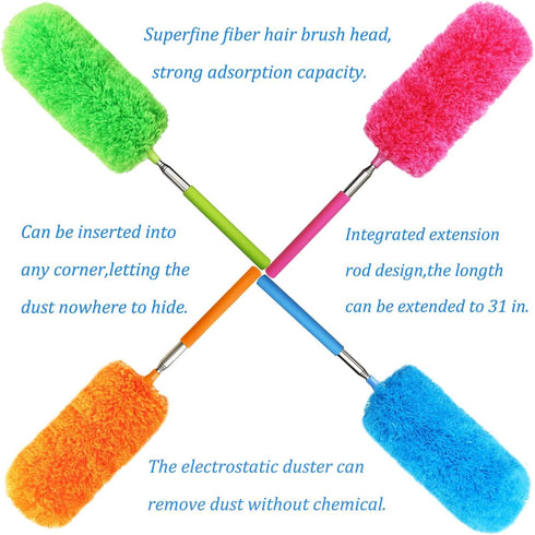 4 Pcs Washable Microfiber Feather Duster, with Extendable Pole and Bendable Head, Microfibre Cleaning Tool for Cleaning Office, Car, Computer, Fur...