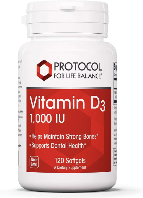 Protocol Vitamin D3 1,000 IU - Bone & Teeth Support* - Dietary Supplement for Immunity & Bone Mineralization* - Non-GMO, Halal, Keto-Friendly - 12...