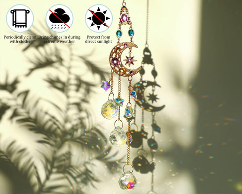 Handmade Crystal Moon&Star Prisms Suncatchers, Glass Window Hanging Ornament, Rainbow Rhinestones Decor for Home Garden...