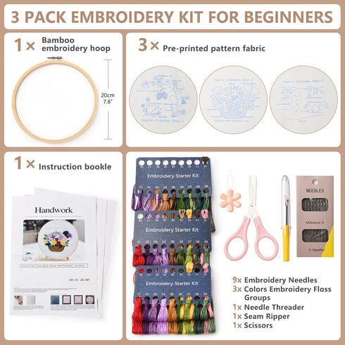 Dortusen 3 Sets Embroidery Kit for Beginners Adults Learn Different Stitches DIY Kits Includes Embroidery Tools Easy to Follow Instruction Embroid...