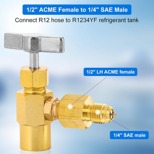 R1234YF Refrigerant Tank Adapter, R1234YF Vacuum Pump Adapter Fitting, R12 to R1234YF Adapter with 1/2 LH to 1/4 Flare for Refrigeration System...