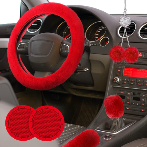 6 Pieces Fluffy Car Accessories Set Fluffy Steering Wheel Cover Soft Fuzz Handbrake Cover Gear Shift Cover Bling Car Mirror Fuzz Car Decoration 2 ...