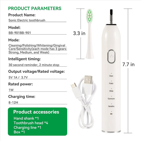 Adult Ultrasonic Electric Toothbrush, 5 Mode Electric Toothbrush, IPX8 Waterproof with Smart Timer, Soft Bristle Toothbrush for Deep Cleaning, Sta...