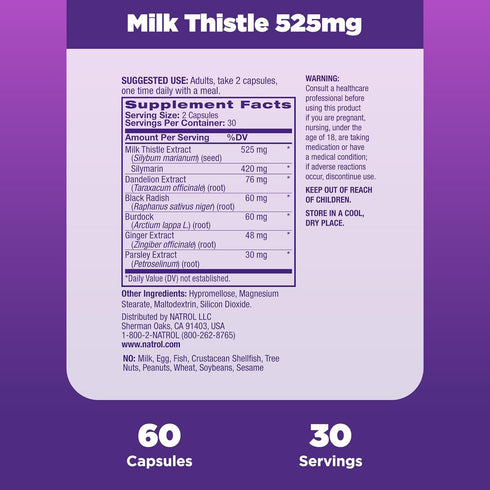 Natrol Milk Thistle 525 mg per serving, Dietary Supplement for Digestive Health, Milk Thistle Supplement, 60 Capsules, 30 Day Supply...