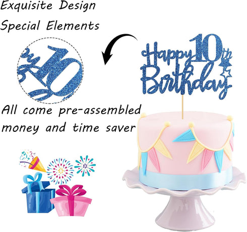 Royal Blue Glitter Happy 10th Birthday Cake Topper - 10 Sign Cake Topper - Cheers to 10 Years Party Supplies - 10th Birthday Party Decorations...