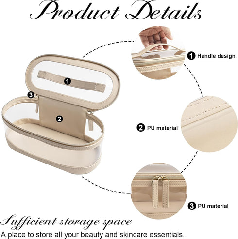 Clear Travel Makeup Bag Skincare Cases Beige With Double Zipper White Organizer Leather Stand Small Make Up Toiletry Cosmetic Storage Pouch…...