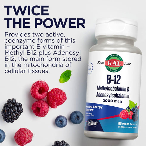 KAL Vitamin B12 Methylcobalamin and Adenosylcobalamin 2000 mcg ActivMelt, B12 Energy Supplements, Metabolism, Nerve, Red Blood Cell Support, High ...