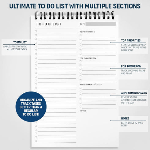 To Do List Notepad: With Multiple Functional Sections - 6.5 x 9.8" 60 Sheets - Spiral Daily Planner Notebook - Task CheckList Organizer Agenda Pad...
