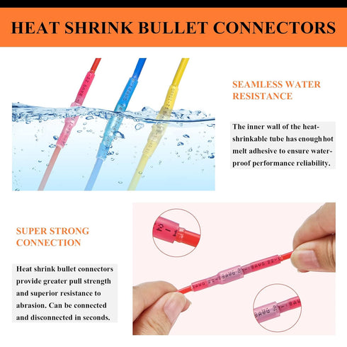 300PCS Heat Shrink Bullet Connectors, Camtek Heat Shrink Female & Male Bullet Butt Connector Insulated Waterproof Marine Crimp Automotive Electric...