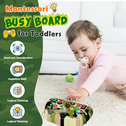 Montessori Busy Board with Led Light Switch, Sensory Montessori Travel Board for Toddlers 1-3, Camouflage Theme Toddler Educational Activities Toy...