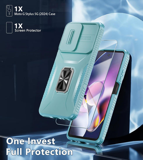 for Motorola Moto G Power 5G 2024 Case with Tempered Glass Screen Protector and Camera Lens Cover,Rotated Ring Stable Kickstand,Heavy Duty Shockpr...