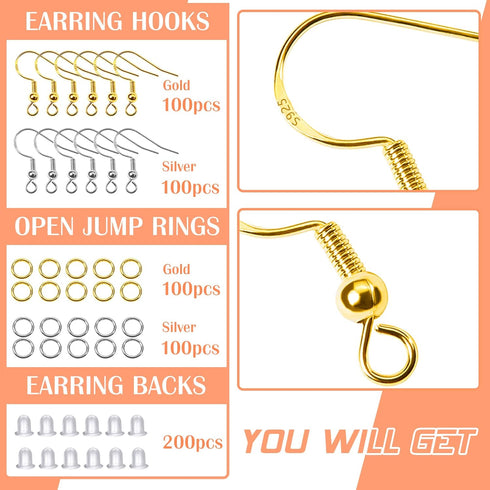 TOAOB 925 Sterling Silver Earring Hooks 600pcs Ear Wires Fish Hooks Hypoallergenic Earring Making Kit Supplies with Jump Rings and Earring Backs f...
