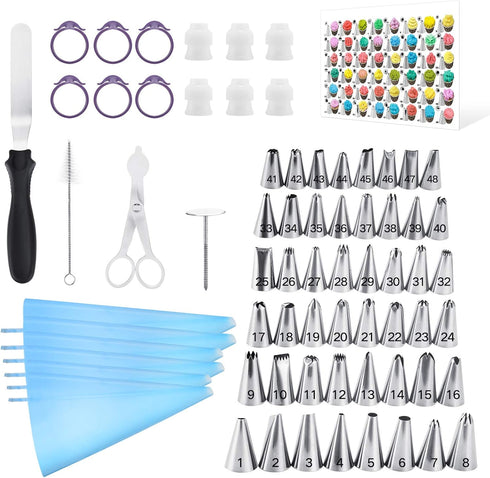 70 Pcs Cake&Cupcake Decorating Supplies Tips kit-48 Numbered Piping Tips & 6 Reusable Pastry bag with Pattern Chart - Flower Nail, Icing Spatula,C...