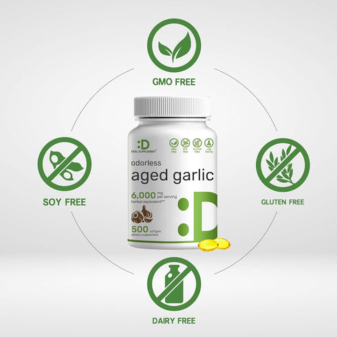 DEAL SUPPLEMENT Odorless Aged Garlic Pills, 6,000mg Per Serving, 500 Softgels – 24:1 Garlic Oil Extract – Fresh Allium Sativum Bulb Source – Heart...