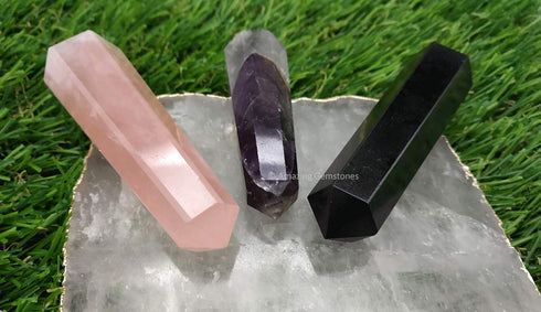 Amazing Gemstone Set of 3 Amethyst, Rose Quartz, Black Tourmaline Crystal Towers - Natural Healing Crystal Point Obelisk for Reiki Healing and Cry...