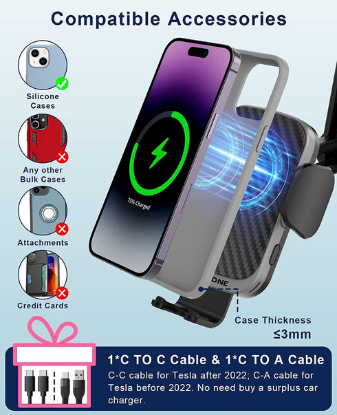 SUPERONE Designed for Tesla Wireless Car Charger Mount Compatible with Model 3 & Model Y, 15W Qi Fast Charging Auto-Clamping Car Mount for iPhone ...