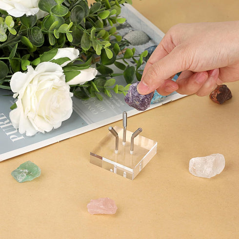 Hipiwe Acrylic Display Stand, Three Metal Peg Display Easel Stand for Fossils Crystal Minerals Rocks and Geodes, Medium,Silver...