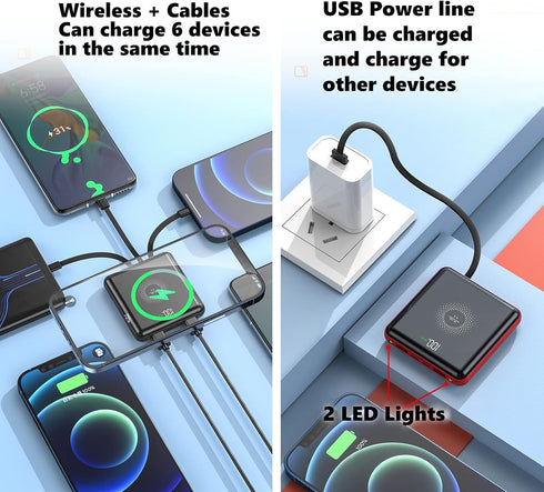 Portable Charger 10000 mAh Power Bank Mini with wireless charging LED Mirror Display Screen Excellent Touch Slim Portable Phone Charger for iPhone...