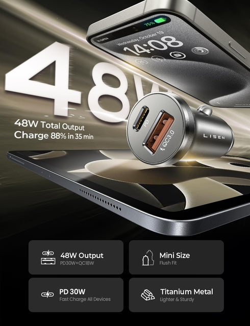 Car Charger USB C, 54W Super Fast Car Charger Adapter, LISEN All-Metal Cigarette Lighter Adapter, Dual Port PD 36W/12V USB C Car Charger Plug for ...