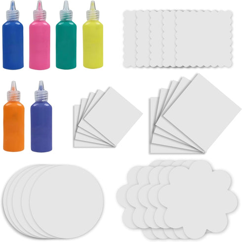 Spin and Spiral Art Refill Pack - Set of 25 Cardboard Pieces in 5 Unique Shapes, 5 Pieces Each - 6 Bottles of Colored Paint - Purple, Blue, Green,...