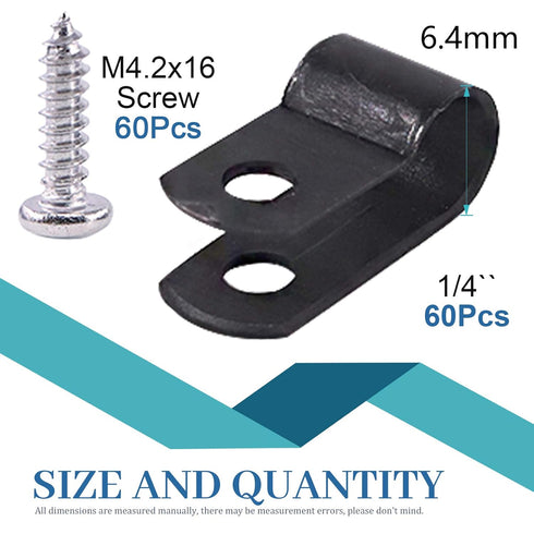 Glarks 60Pcs 1/4 Inch Black Nylon Screw Mounting R-Type Cable Clip Wire Clamp Kit with Screws for Wire, Conduit and Cable Conduit...