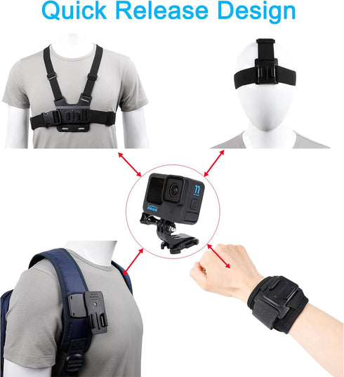 Accessories Set for GoPro Hero 12/11/10/9/8/7/6/5/4,New Quick Release Head Strap Mount + Chest Mount Harness + Backpack Clip Holder + 360°Rotating...