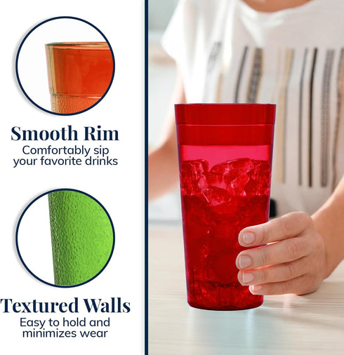 US Acrylic Café Plastic Reusable Tumblers (Set of 12) 32-ounce Iced-Tea Cups, Assorted | Value Set of Restaurant Style Drinking Glasses, Stackable...