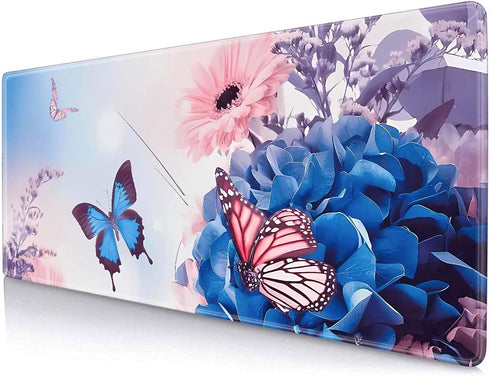 Butterfly Flower Desk Pad, Rubber Base Mousepad with Stitched Edges, Daisies Floral Deskmat for Office, Home, Pink and Blue XL Large Gaming Keyboa...