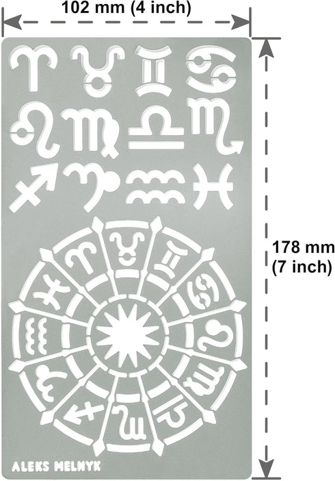 Aleks Melnyk No.29 Metal Journal Stencil, Zodiac Circle Symbols, Stainless Steel Stencil 2 PCS, Template for Wood Burning, Pyrography, Engraving, ...