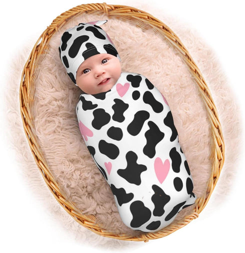Cow Print Baby Stuff Pink Baby Newborn Swaddling Blanket with Beanie Hat Set, Baby Stuff Newborn Receiving Blanket for Baby Boy Girl Swaddles Wrap...
