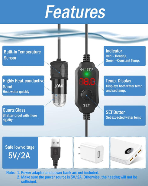 AquaMiracle Adjustable 10W Betta Heater Small Aquarium Heater Submersible Fish Tank Heater 5V/2A USB Powered Super Mini Aquarium Heater with Digit...