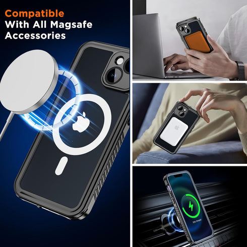 for iPhone 15 Plus Case Waterproof Magnetic with Built-in Screen Protector,Compatible with MagSafe Shockproof Dustproof Heavy Duty Full Body Prote...