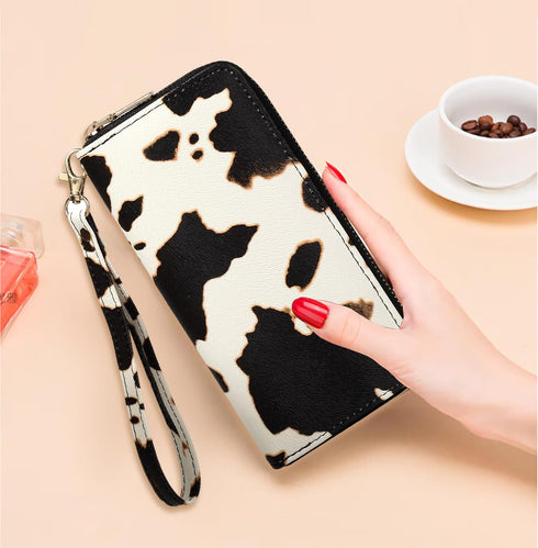 Cow Print Wallets for Women Cowhide Western Highland Purse Moteher's Day Gifts Ladies Zip Around Card Holder with Cluth Wristlet Strap (Brown cow)...