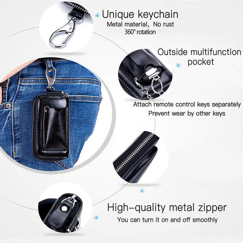 Car key Case Leather Pocket Key Organizer Case Smart Key Chain Remote Key Metal Hook Key Ring Zip Wallet Card Holder...