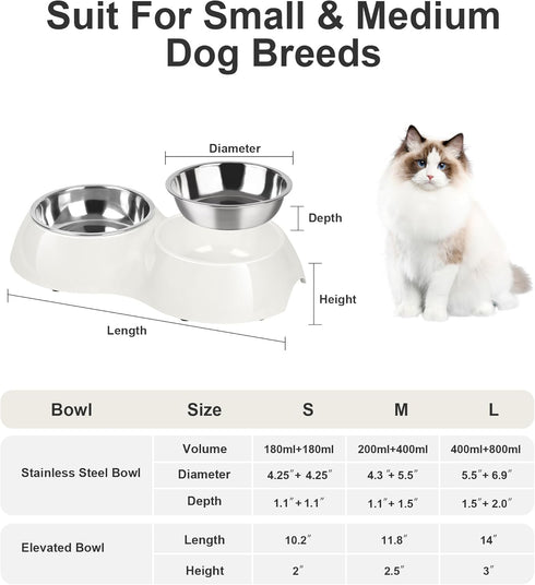 Double Dog Bowl Set - includes Two 6.9 fl oz Stainless Steel Bowls & Elevated Base, Ideal for Small to Large Pets, Feeding Solution for Dogs, Cats...