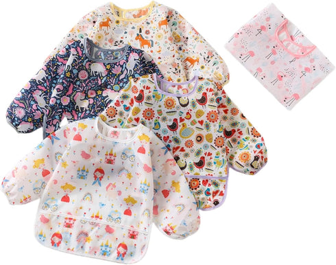 5pcs Set Long Sleeve Waterproof Bib Full Coverage Apron Bib Smock Toddler Bibs with Pocket 6-30 Months...