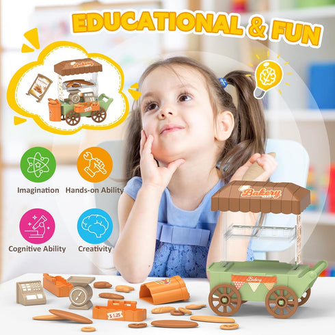 Kitchen Toy Foods Set for Kids, Pretend Play Bakery Shop Toy Shopping Cart with Accessories & Light, Educational Interactive Store Trolley Toy for...
