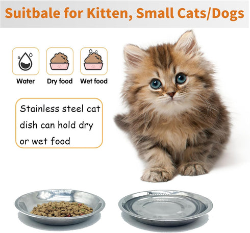 Stainless Steel Shallow Cat Food Bowls Wide Cat Dish Puppy Bowls Whisker Fatigue Relief Cat Plates Elevated Stands Replacement Kitten Metal Plate ...