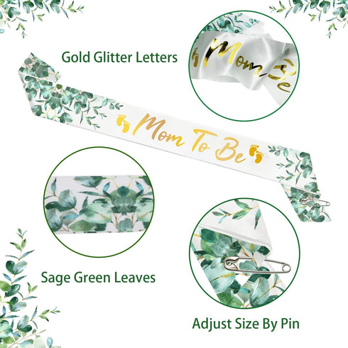 Neutral Sage Green Mom to Be Sash Baby Shower Dad To Be Pin, Gold Glitter Letters Eucalyptus Leaves Greenery Satin Sash Corsage for Pregnant Mommy...