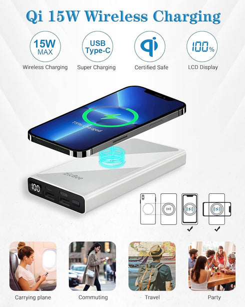 15W Wireless Portable Charger, 22.5W PD20W QC3.0 USB-C Fast Charging 10000mAh Power Bank LED Display, 2 Inputs and 4 Outputs, Slim & Light Externa...