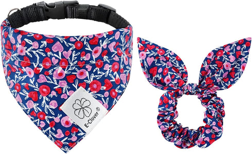 E-Clover Dog Collar Bandana Girl & Matching Scrunchie Set Heart Dog Collars Pet Accessories Adjustable for Small Dogs Puppy Owner Valentines Pink...