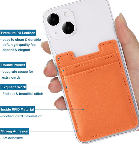 2Pack Phone Wallet,Leather Phone Card Holder Adhesive Stick On Credit Card Pocket for Back of Phone Case iPhone and Android-Orange,Red...
