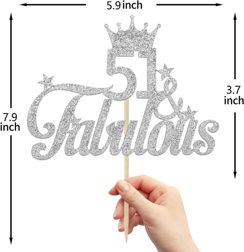 Silver Glitter 51 & Fabulous Cake Topper - 51st Birthday Cake Decorating - Happy 51st Anniversary/Birthday Party Decoration Supplies...