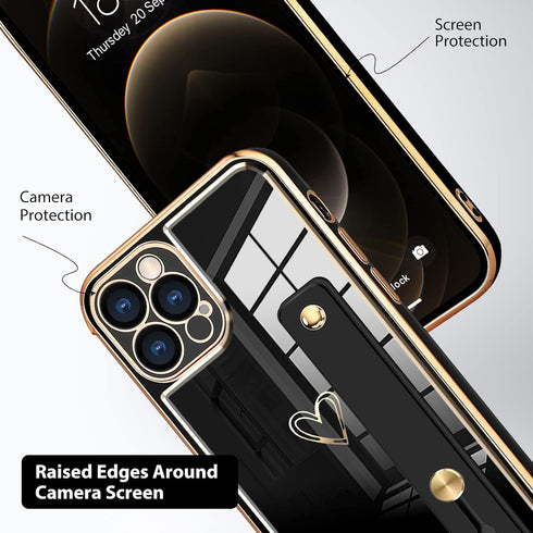 KANGHAR Designed for iPhone 13 Pro Max Case with Strap Luxury Love Heart Plating Gold Bumper Phone Cover Wristband Kickstand Full Body Protective ...