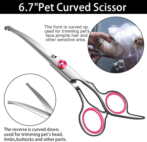 Pink Dog Grooming Scissors with Safety Round Tip,Pet Grooming scissors Kit,Dog Shears for Grooming,Incude Thinning,Curved Grooming Scissors and Co...
