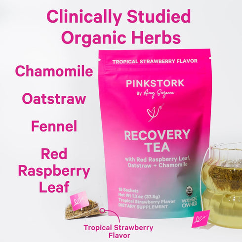 Pink Stork Postpartum Recovery Herbal Tea, Organic Red Raspberry Leaf with Chamomile, Hormone Balance for Women After Labor and Delivery, Strawber...