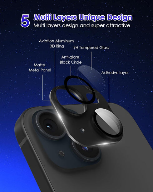 for iPhone 15 Plus/iPhone 15 Camera Lens Protector Metal Plus Aluminium Alloy Ring 9H Tempered Glass Screen Case Friendly Camera Cover for iPhone ...